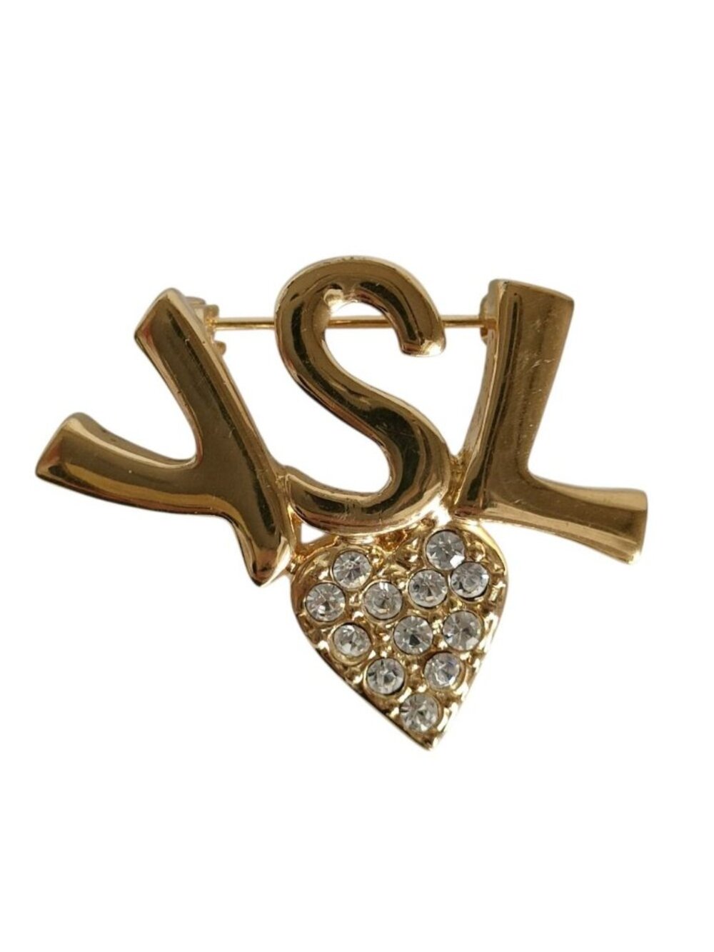Saint Laurent Vintage YSL Logo Heart Rhinestone Pin Brooch Gold Plated Colored